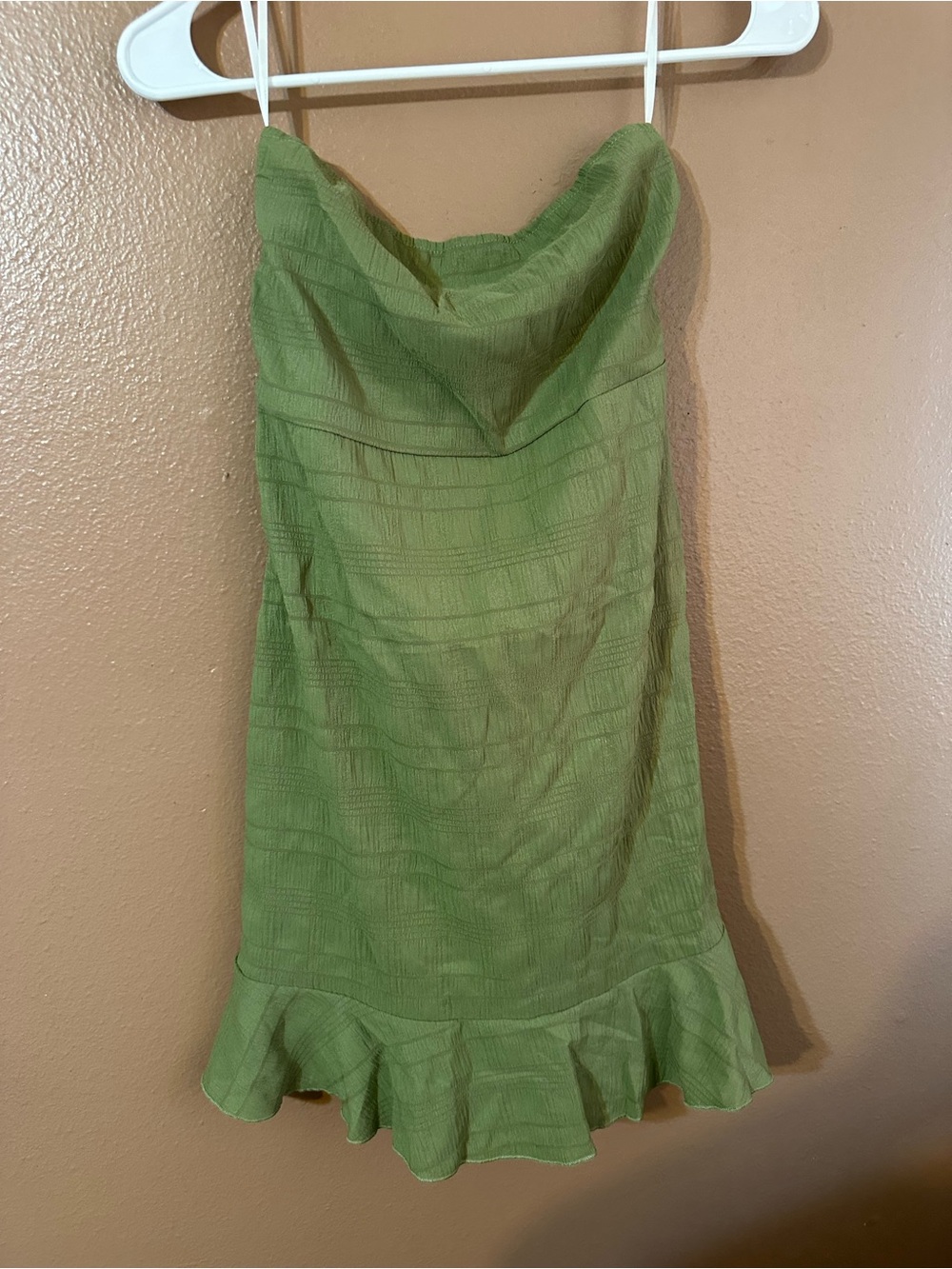SHEIN Strapless Olive Green Ruffle-Hem Mini Dress